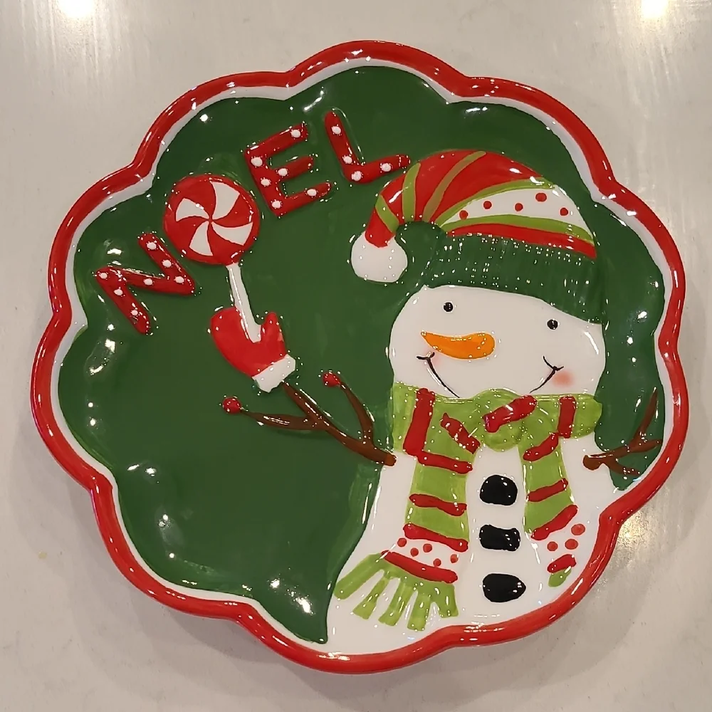 Whimsical Green and Red Snowman Holiday Decor Plate